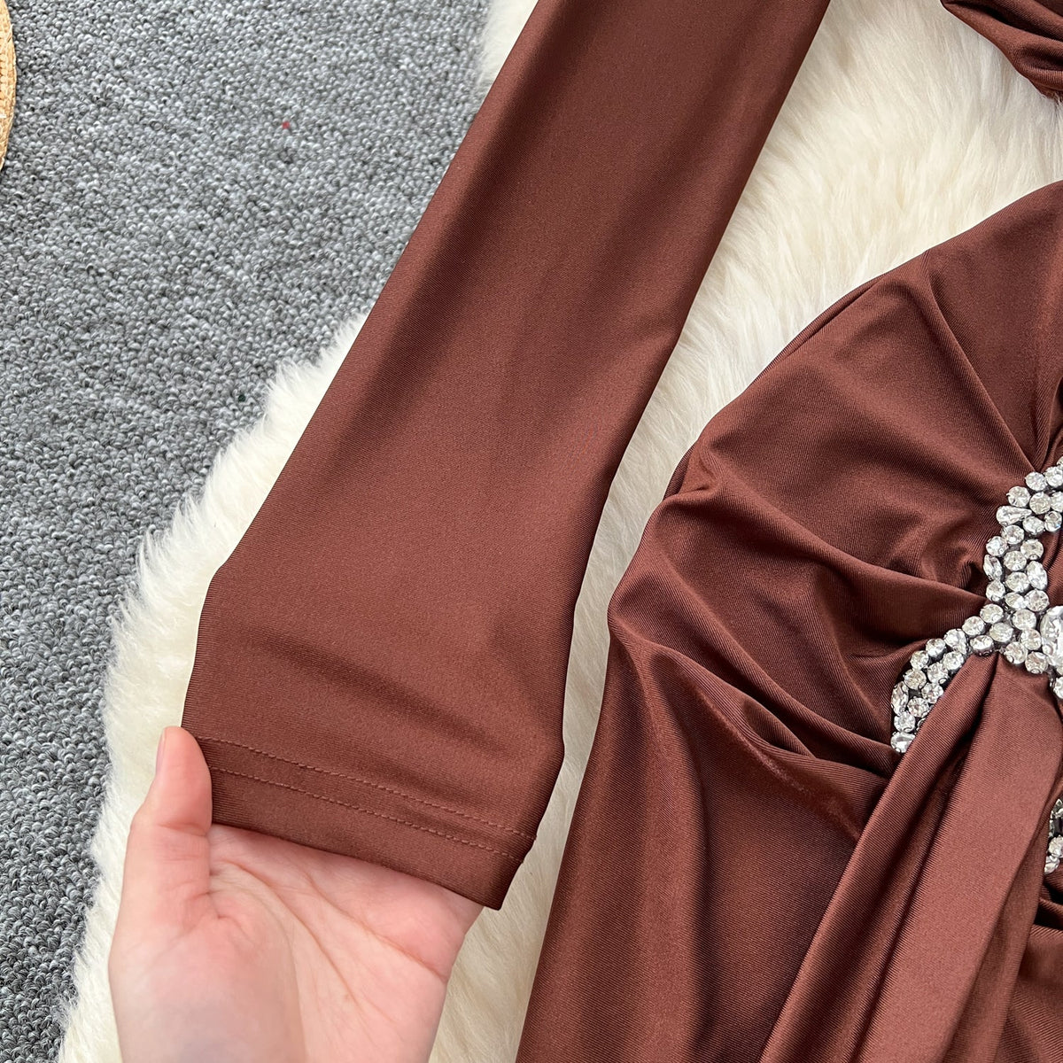 Premium V-yaka Rhinestone Taşlı Elbise