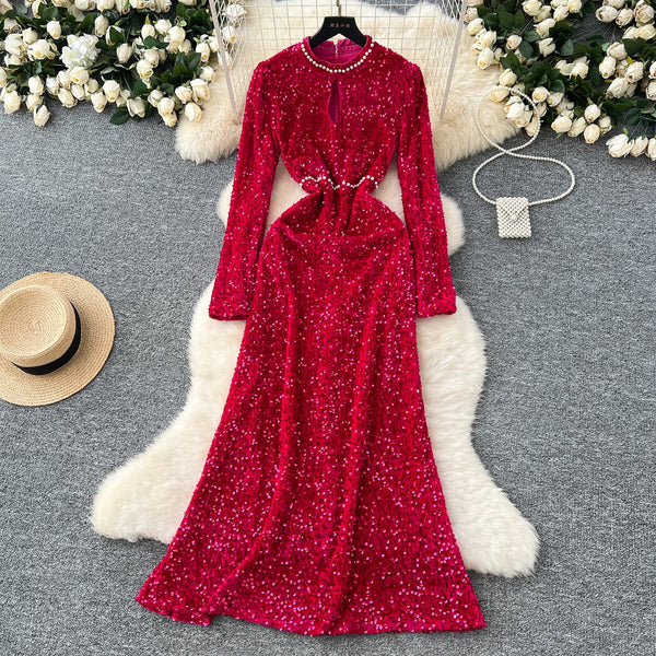 Beaded Collar Sequined Velvet Dress