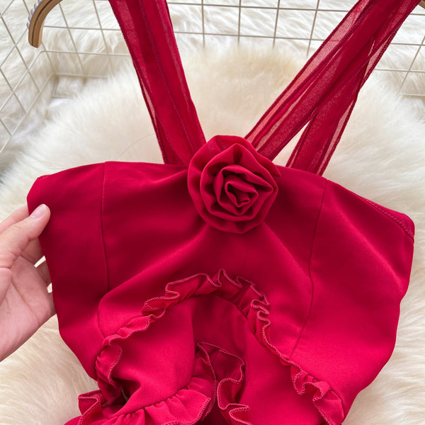 Niche Rose Ruffled Red Halter Dress