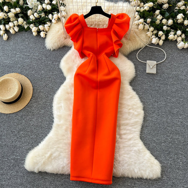 Ruffled Sleeve Sequined Orange Dress