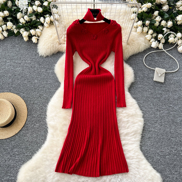 3d Flower Knitted Dress with Choker