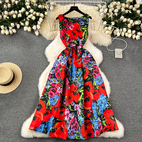 Round Collar Sleeveless Floral Dress