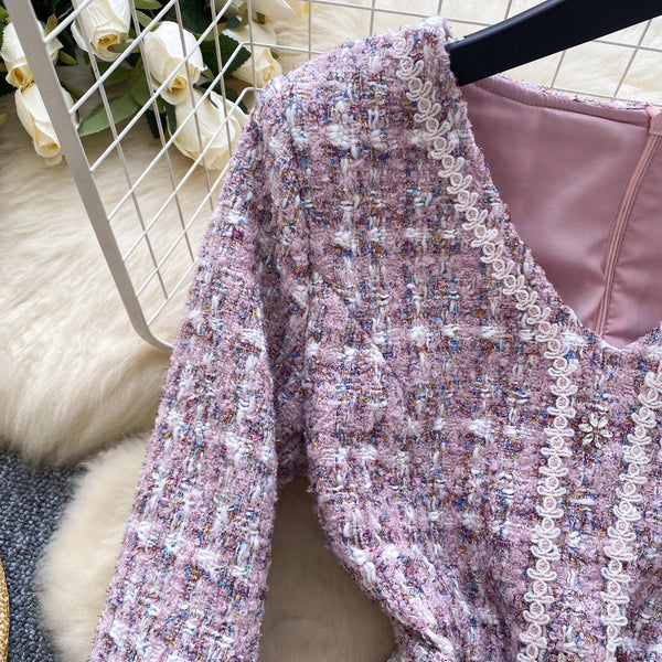 Rhinestone Studded V-neck Tweed Dress