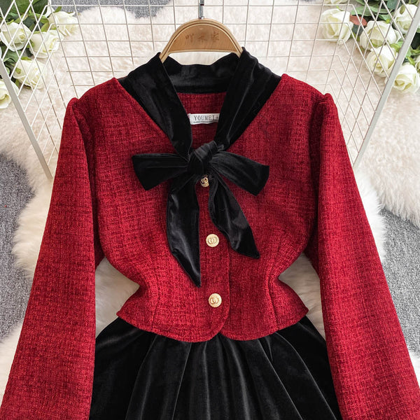 Faux Two-pieces Bow Velvet Dress