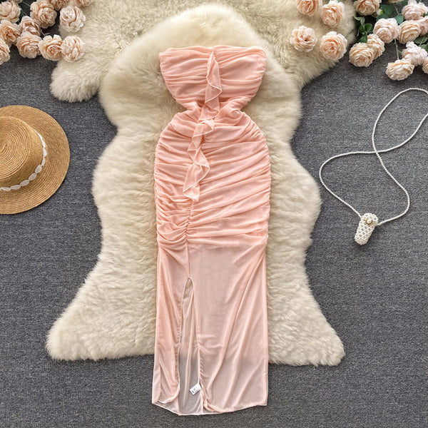 Off-shoulder Ruffled Fairy Pink Dress