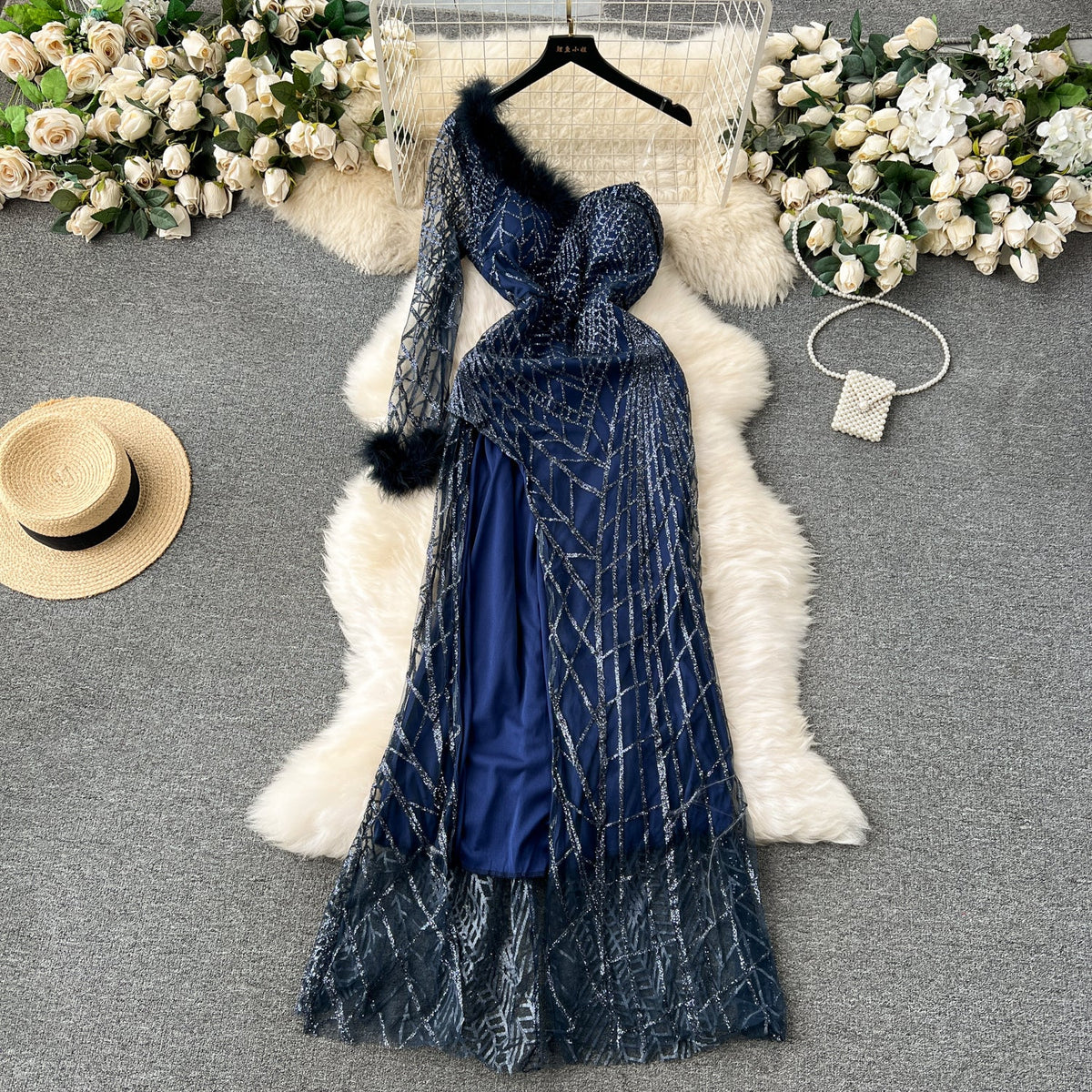 Furry Patchwork Sequined Slim Dress