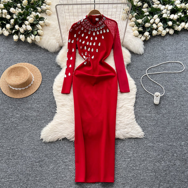 Teardrop Rhinestone Studded Slim Dress