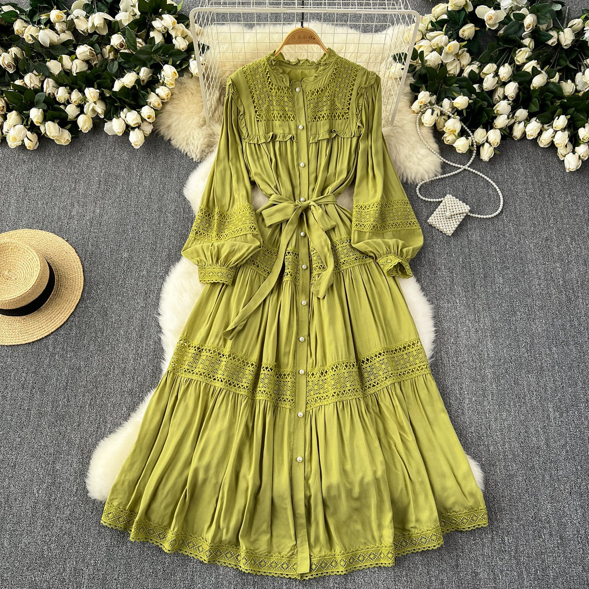 Solid Color Lace Patchwork Dress
