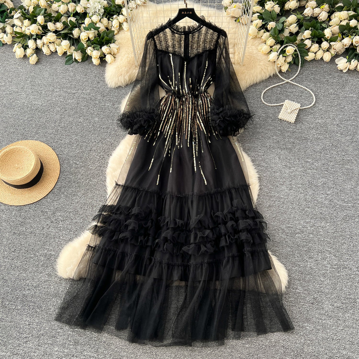 Embroidered 3D Ruffled Mesh Dress
