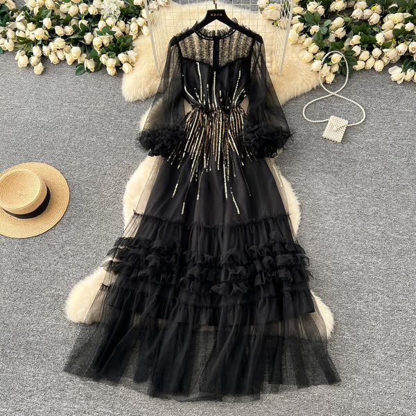 Embroidered 3D Ruffled Mesh Dress