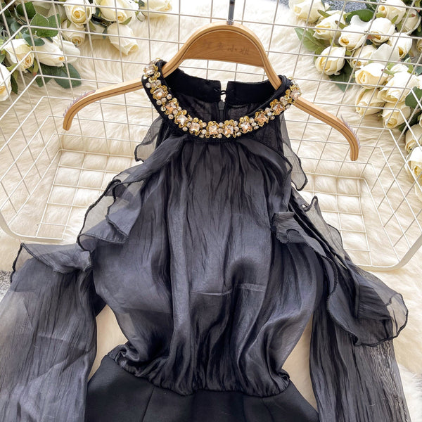 French Style Beaded Neckline Black Dress