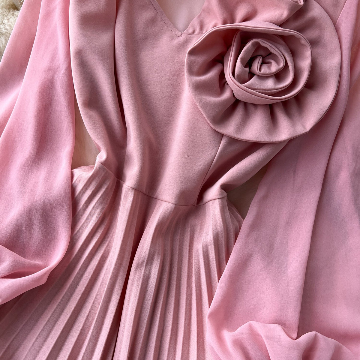 3D Flower Pleated Pink Dress