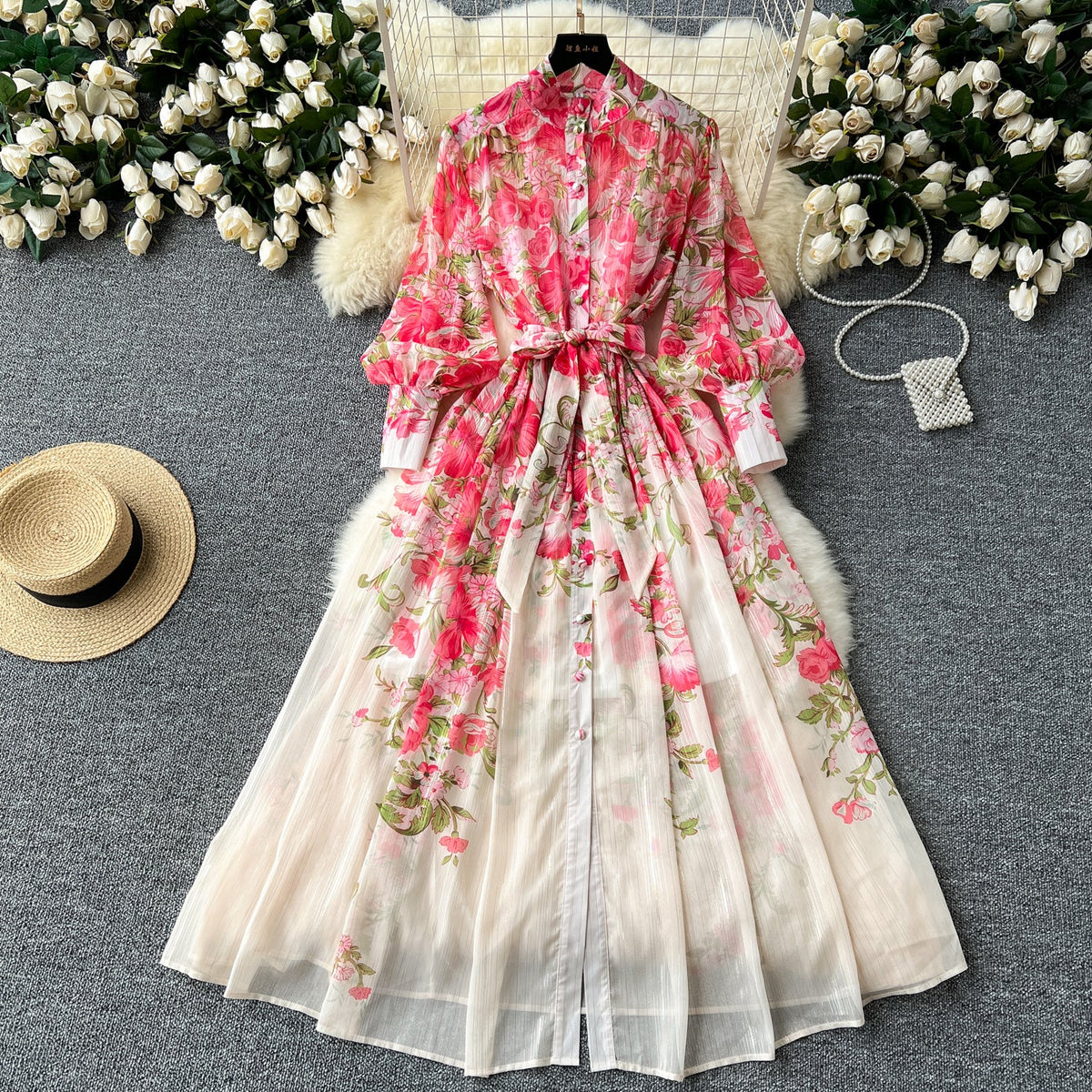 French Style Floral Chiffon Shirt Dress