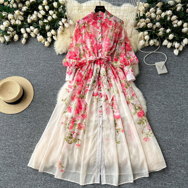 French Style Floral Chiffon Shirt Dress