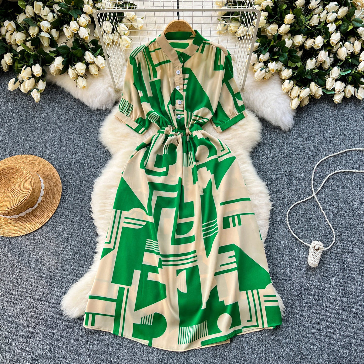 Geometric Printed Single-breasted Shirt Dress