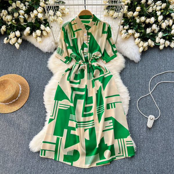 Geometric Printed Single-breasted Shirt Dress