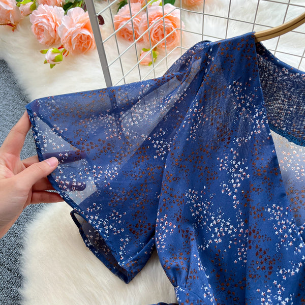 French Style V-neck Floral Chiffon Dress