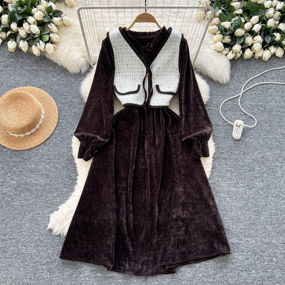 Lace-up Corduroy Dress&Jacquard Vest 2Pcs
