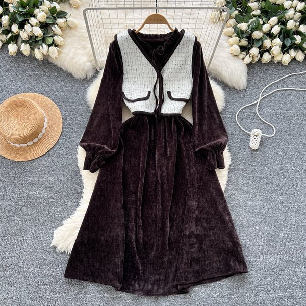 Lace-up Corduroy Dress&Jacquard Vest 2Pcs