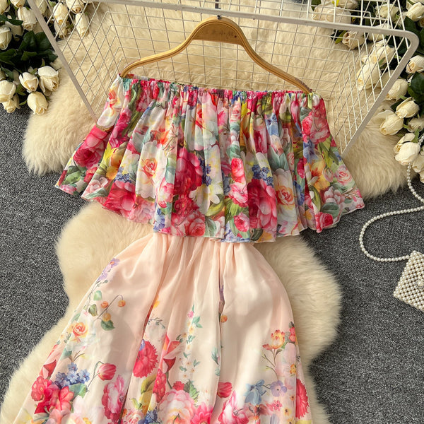 Off-shoulder Floral Printed Chiffon Dress