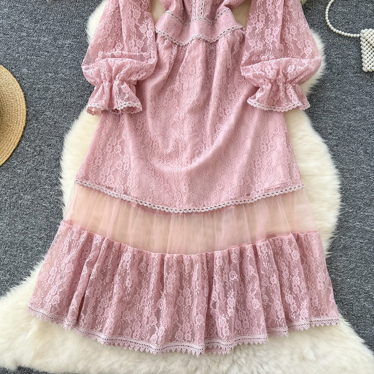 Embroidered Pink Lace Patchwork Dress