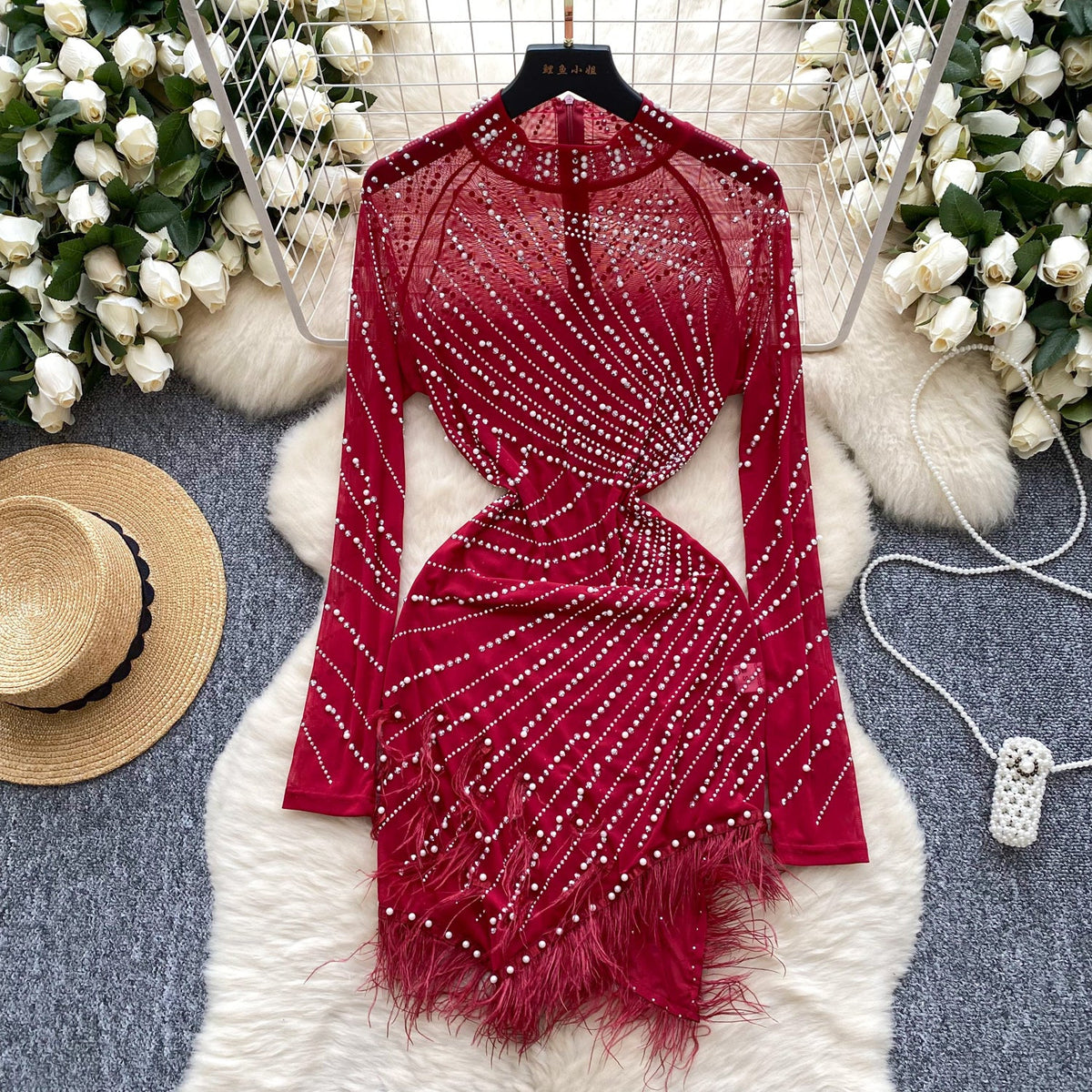 Rhinestone Studded Fringed Mesh Dress