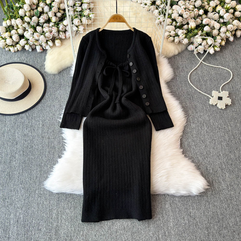 Cardigan&Lace-up Slip Dress Knitted 2Pcs