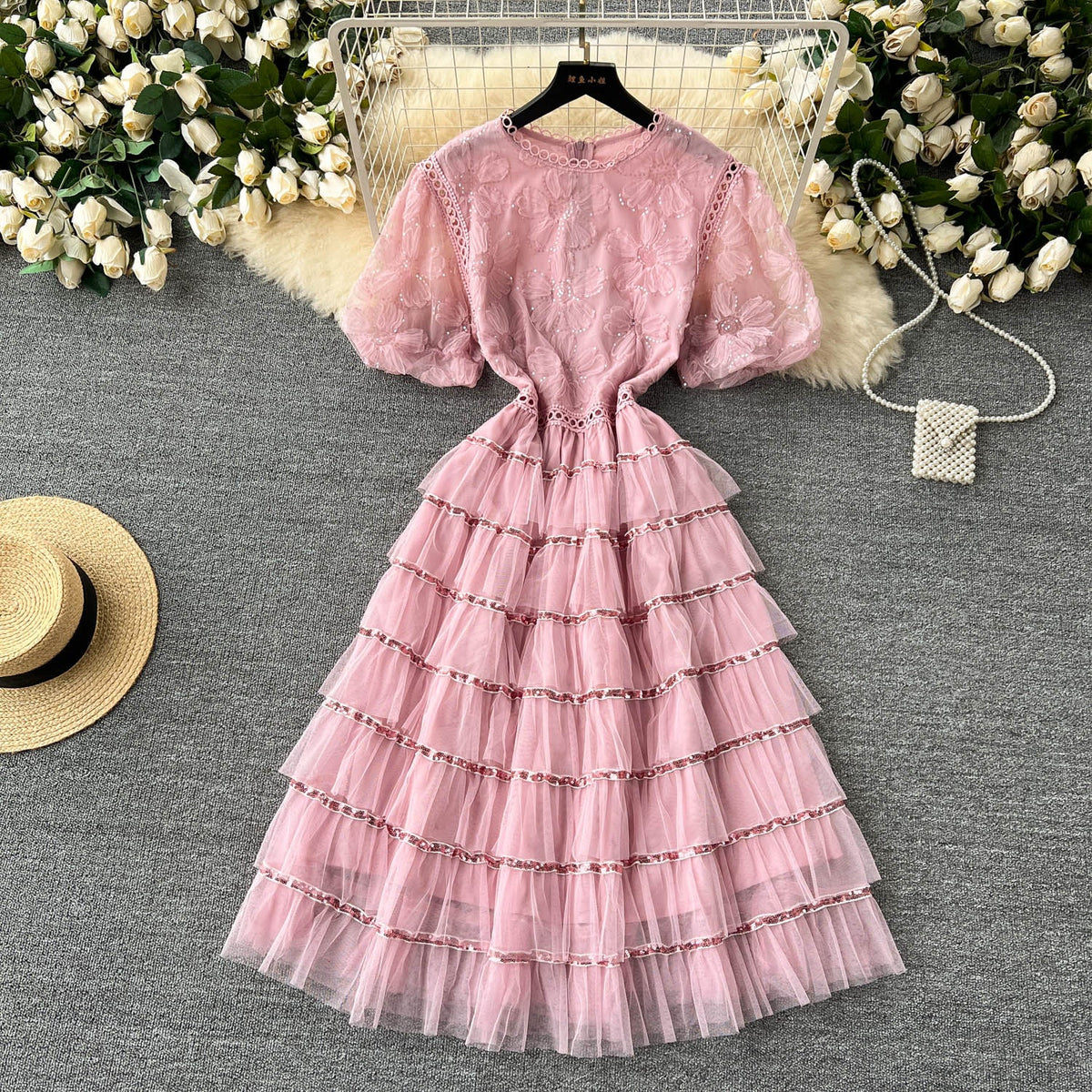 Delicate Sequined Layered Mesh Dress