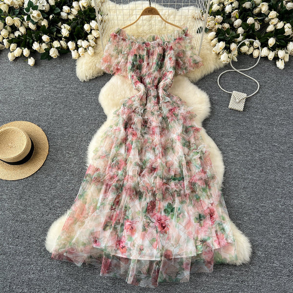 Off-shoulder Floral Puffy Mesh Dress