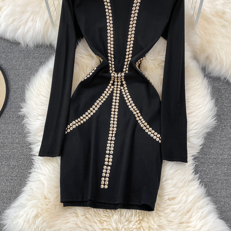 Vintage Rhinestone Studded Elastic Dress