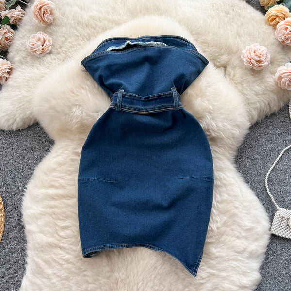 Vintage Asymmetric Denim Off-shoulder Dress
