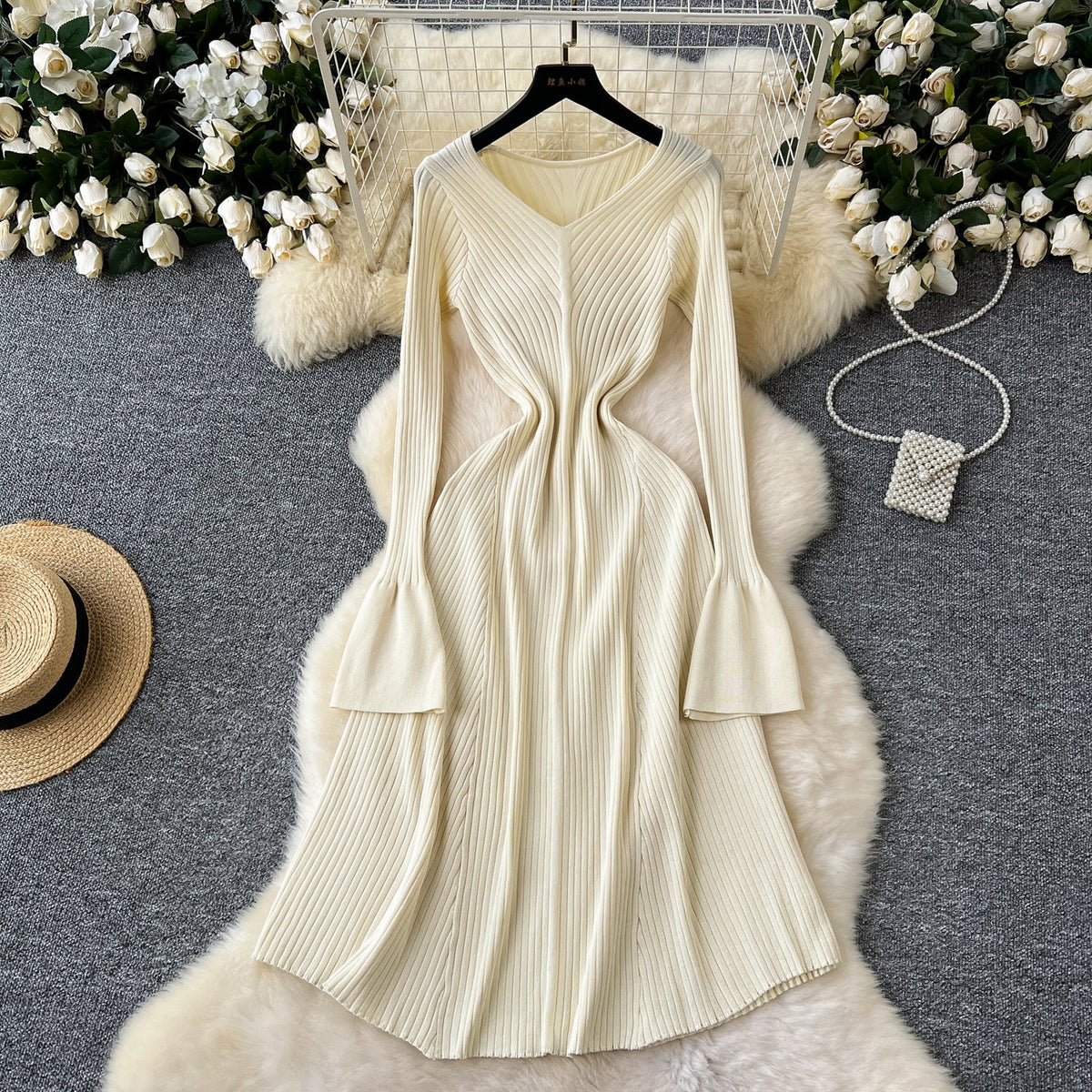 Flared Sleeve Bodycon Knitted Dress
