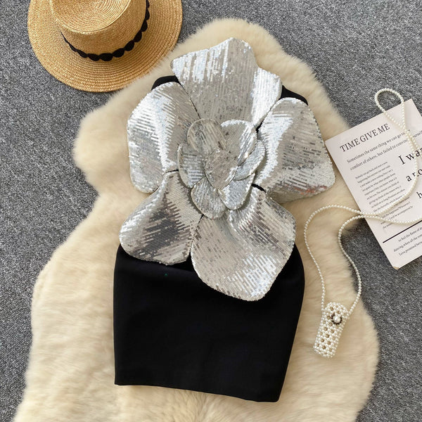 3D Sequined Flower Off-shoulder Dress