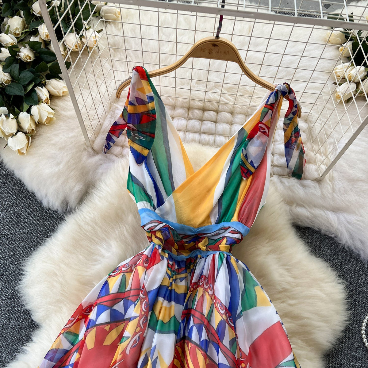 V-neck Colorful Printed Chiffon Dress