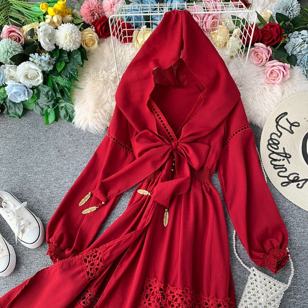 Ethnic Style V-neck Hooded Shawl Dress