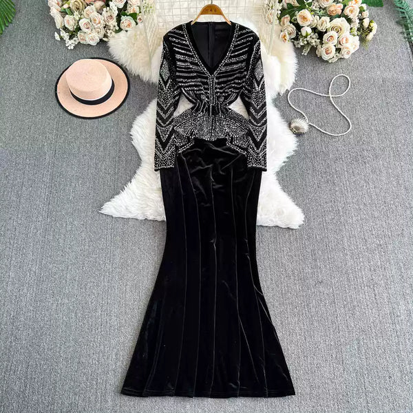 Rhinestone Studded V-neck Suede Dress
