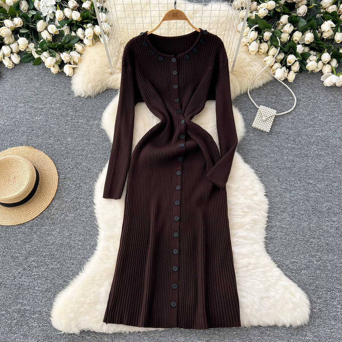 Round Collar Button Decorated Knitted Dress