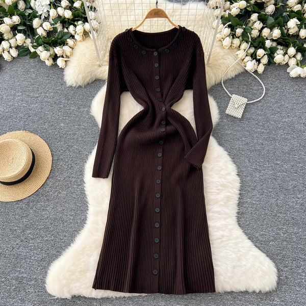 Round Collar Button Decorated Knitted Dress