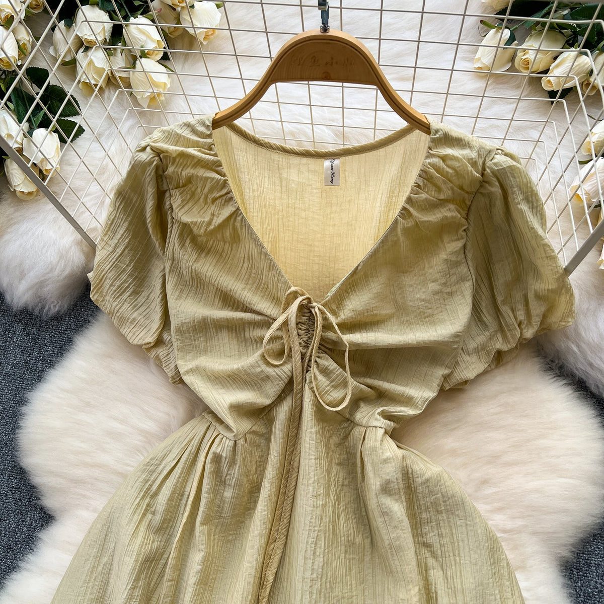 Mori Puffy Sleeve Drawstring Chiffon Dress