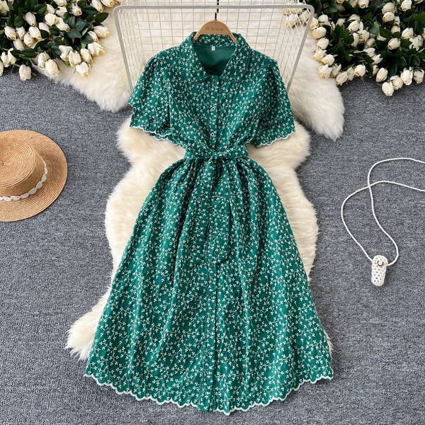 Vintage Polo Collar Embroidered Floral Dress
