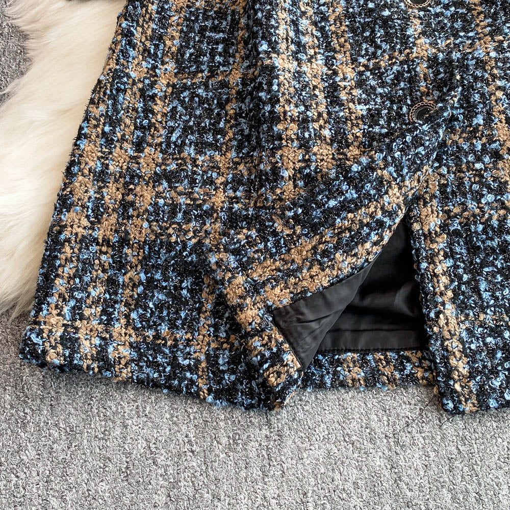 V-neck Tweed Dress&Black Sweater 2Pcs