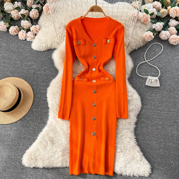 Single Breasted V-neck Knitted Dress