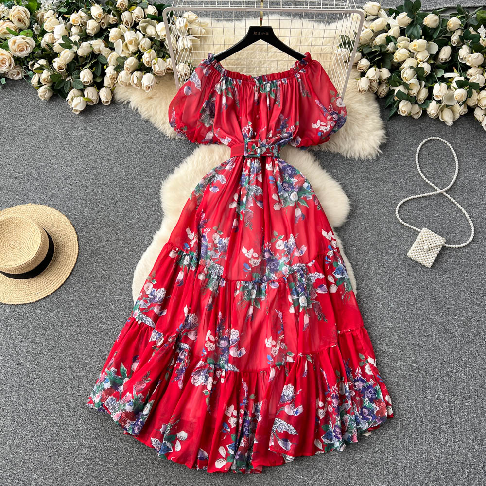 Off-shoulder Floral Chiffon Dress