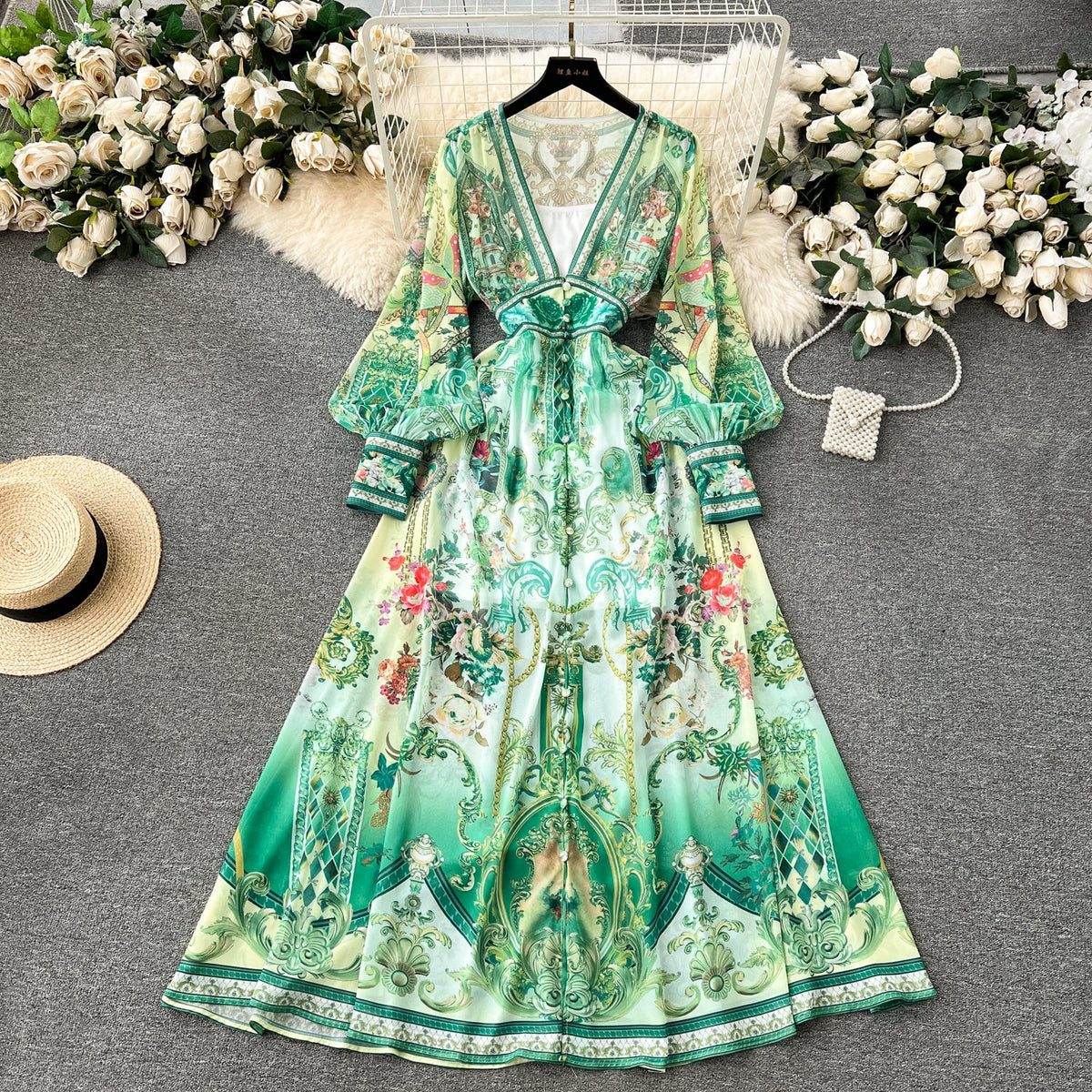 Deep V-neck Puffy Sleeve Floral Dress