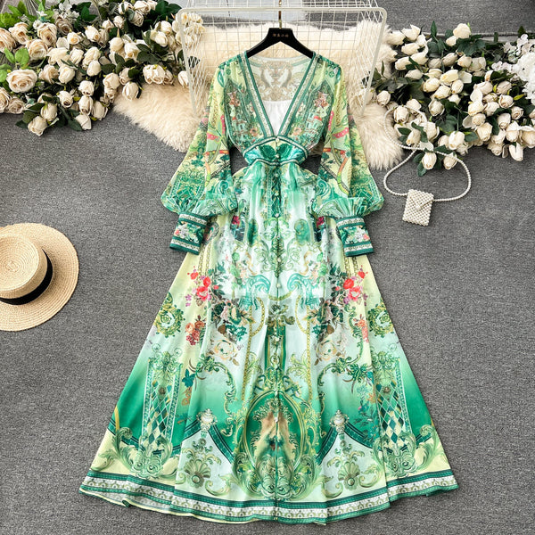 Deep V-neck Puffy Sleeve Floral Dress