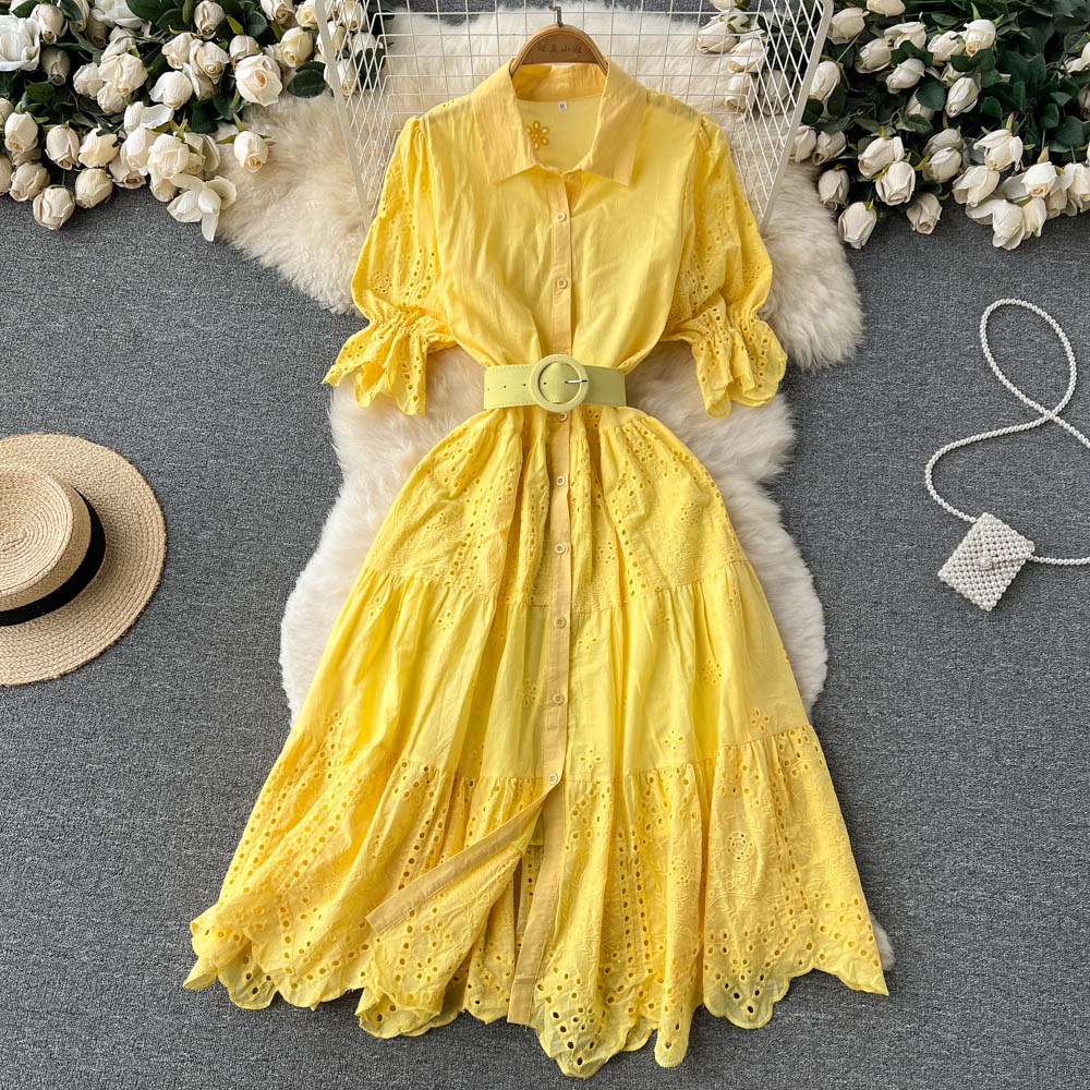 Puff Sleeve Hollowed Embroidered Dress