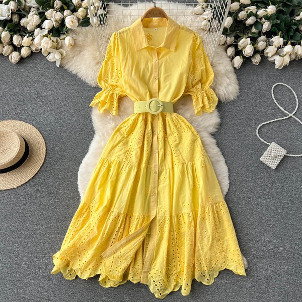 Puff Sleeve Hollowed Embroidered Dress