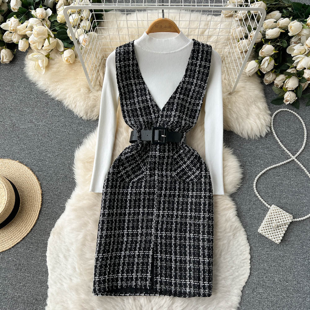 Bottom Sweater&Houndstooth Strappy Dress 2Pcs