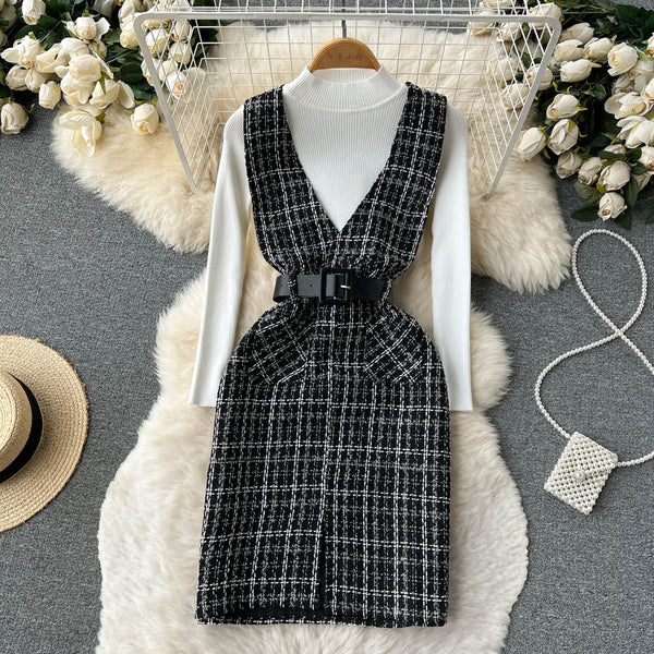 Bottom Sweater&Houndstooth Strappy Dress 2Pcs