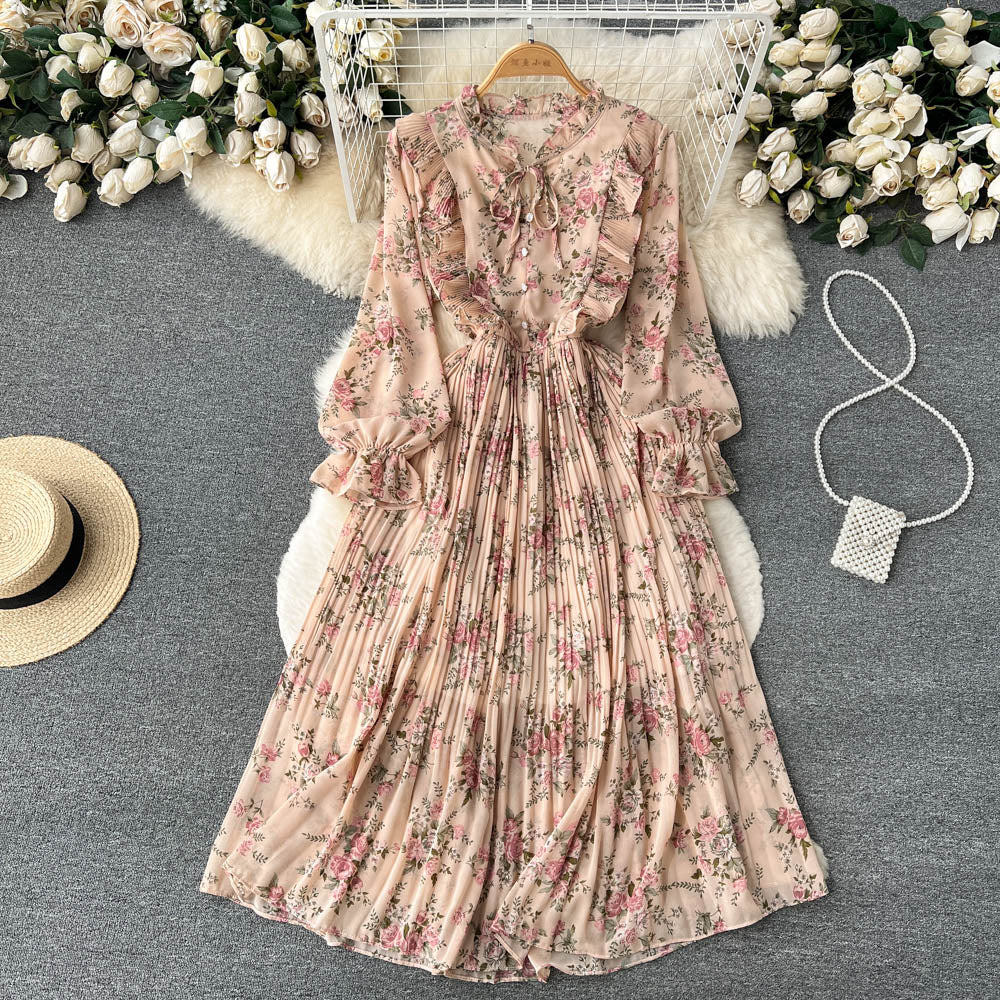 French Style Floral Pleated Dress